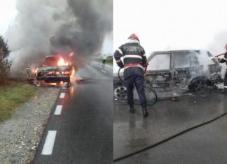 O mașină a luat foc în trafic