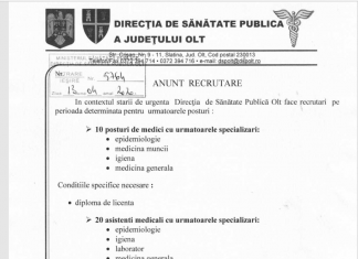 DSP Olt recrutează 10 medici și 20 de asistenți medicali