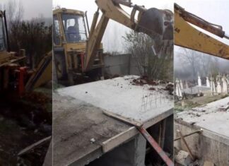 Imagini șocante în Olt! Un preot a dărâmat cu excavatorul un cavou