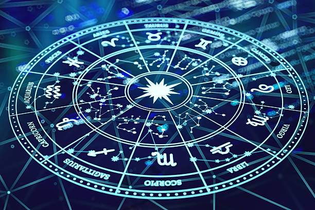 Futuristic Digital Horoscope Wheel With Blue Data Overlay. 3D Render
